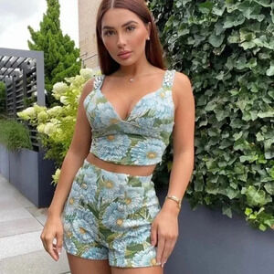 Zara SET Jewel Jacquard Floral Top & Shorts Blogger  Fav Green Blue Size Small